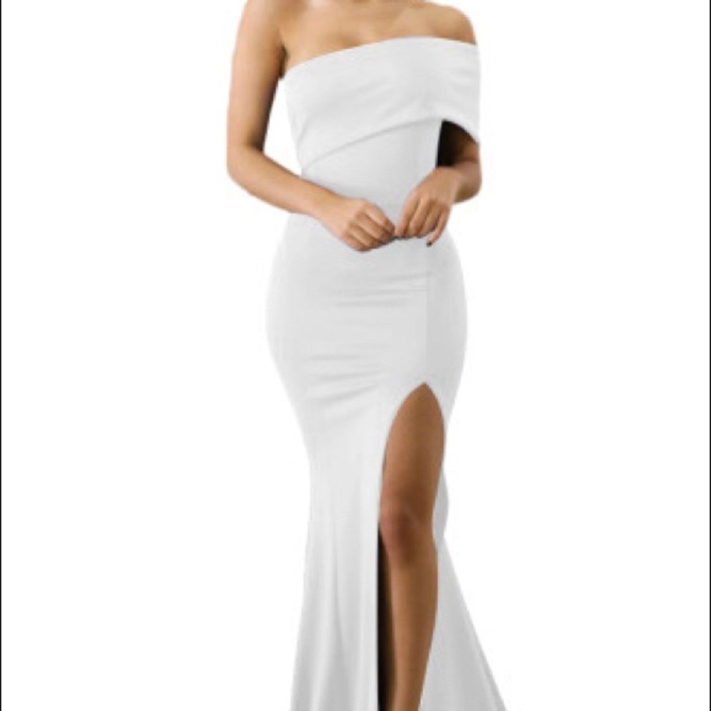 White Floor-Length Off Shoulder Dress with Slit - Picture 1 of 3